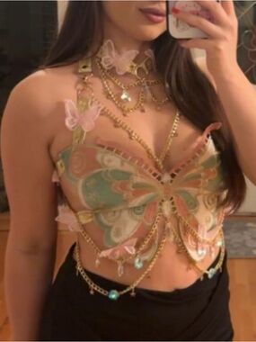 Shein Pink Green Butterfly Open Back Tank Top, Gems and Appliqués, Festival Rave